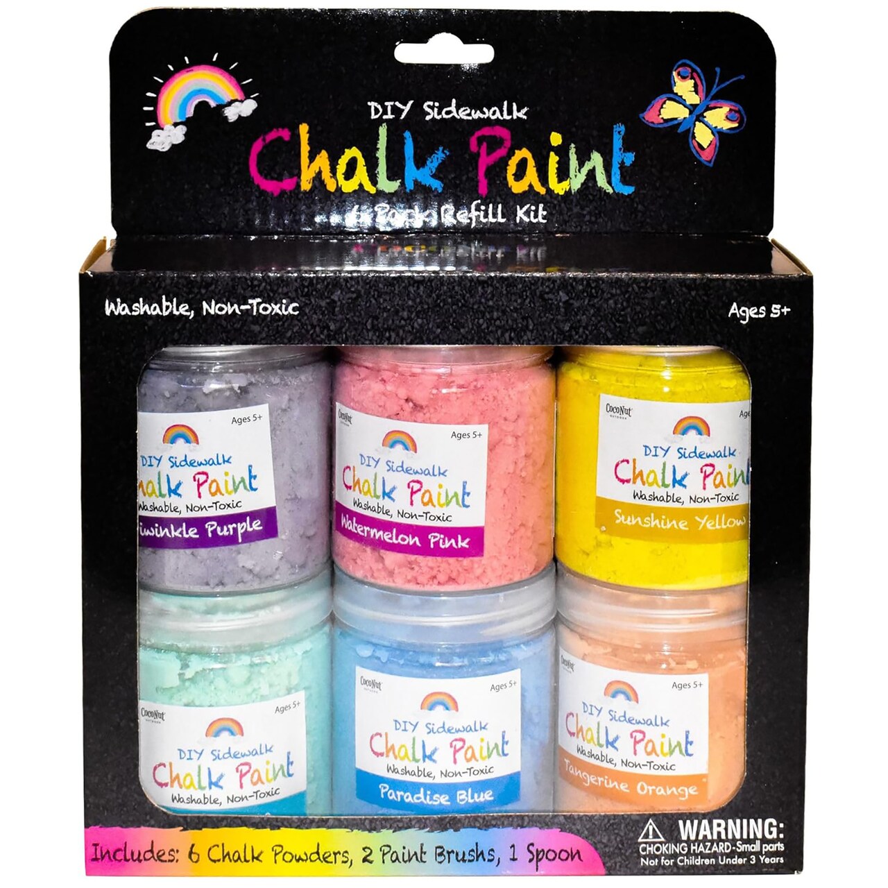 CocoNut Outdoor: DIY Sidewalk Chalk Paint Kit - 6 Pack Powdered Chalk, Add Water To Create Colorful Paint, Non-Toxic, Washable Art, 2 Brushes, Kids 5+